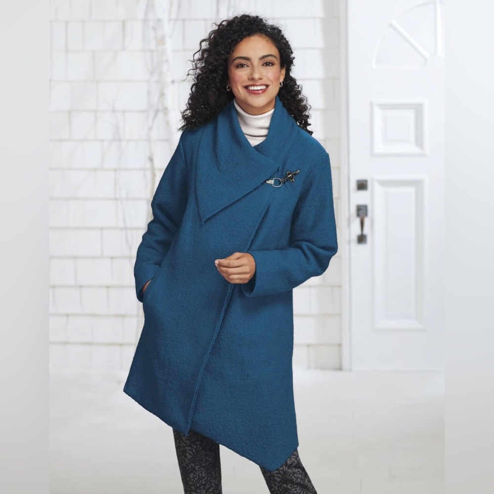BB Dakota Teal Asymmetric Fuzzy Wool Coat M